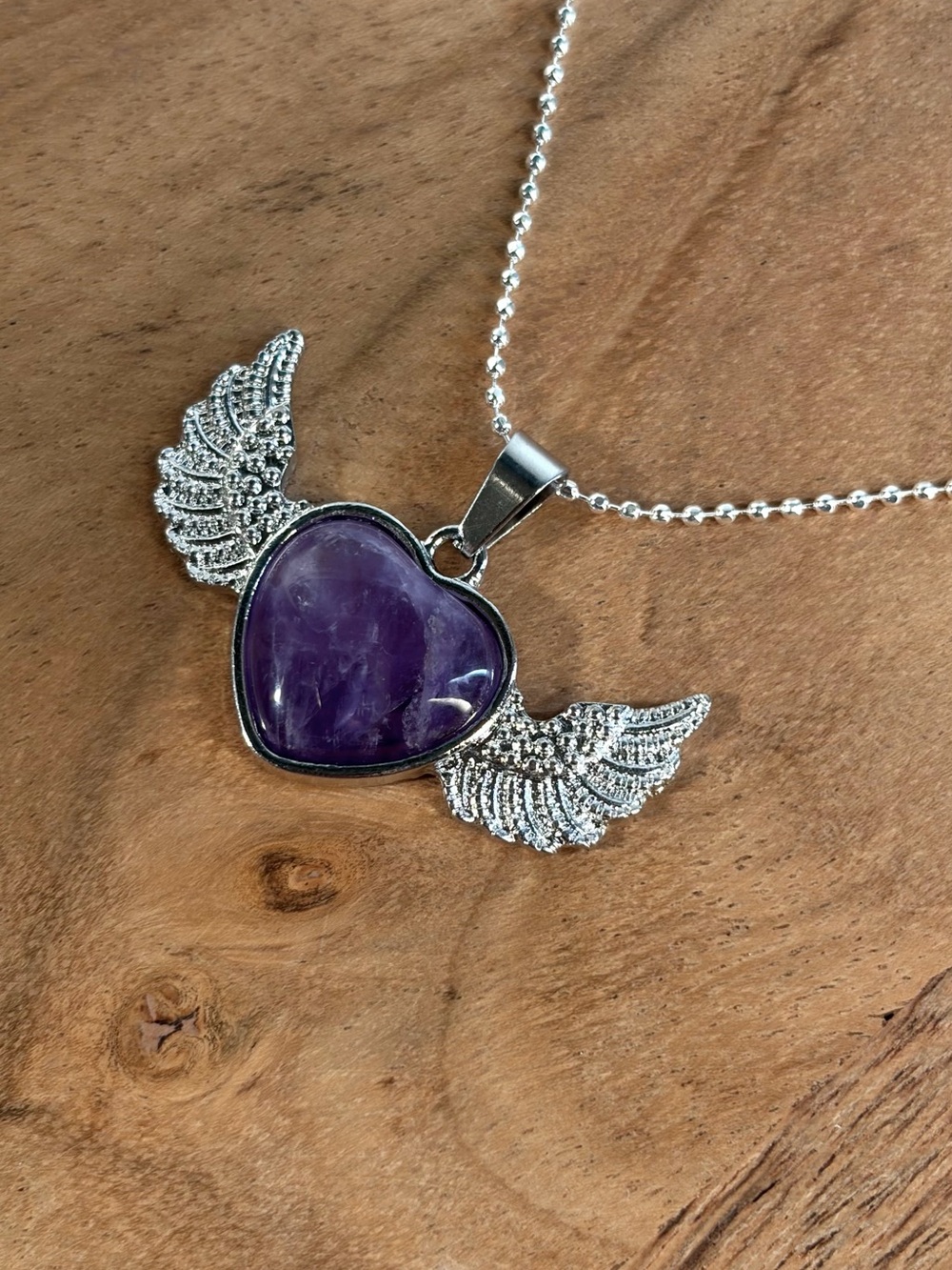 Amethyst Silver Winged Heart Pendant Necklace - Picture 12 of 13